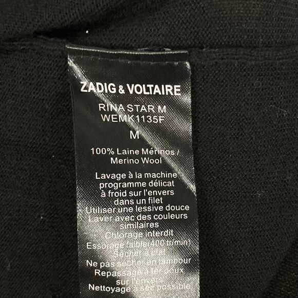 Nwot ZADIG VOLTAIRE Sweater M Black Stars&Logo-Pointelle-Knit Merino-Wool Long-S - Picture 8 of 11